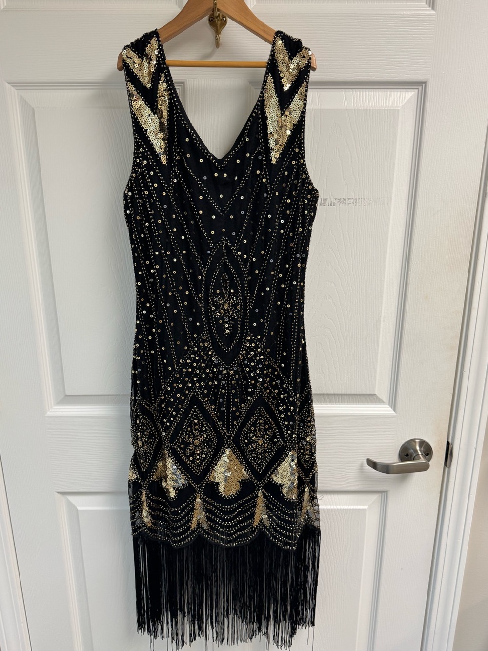 Black & Gold Beaded Fringe Evening Dress M - Picture 16 of 16